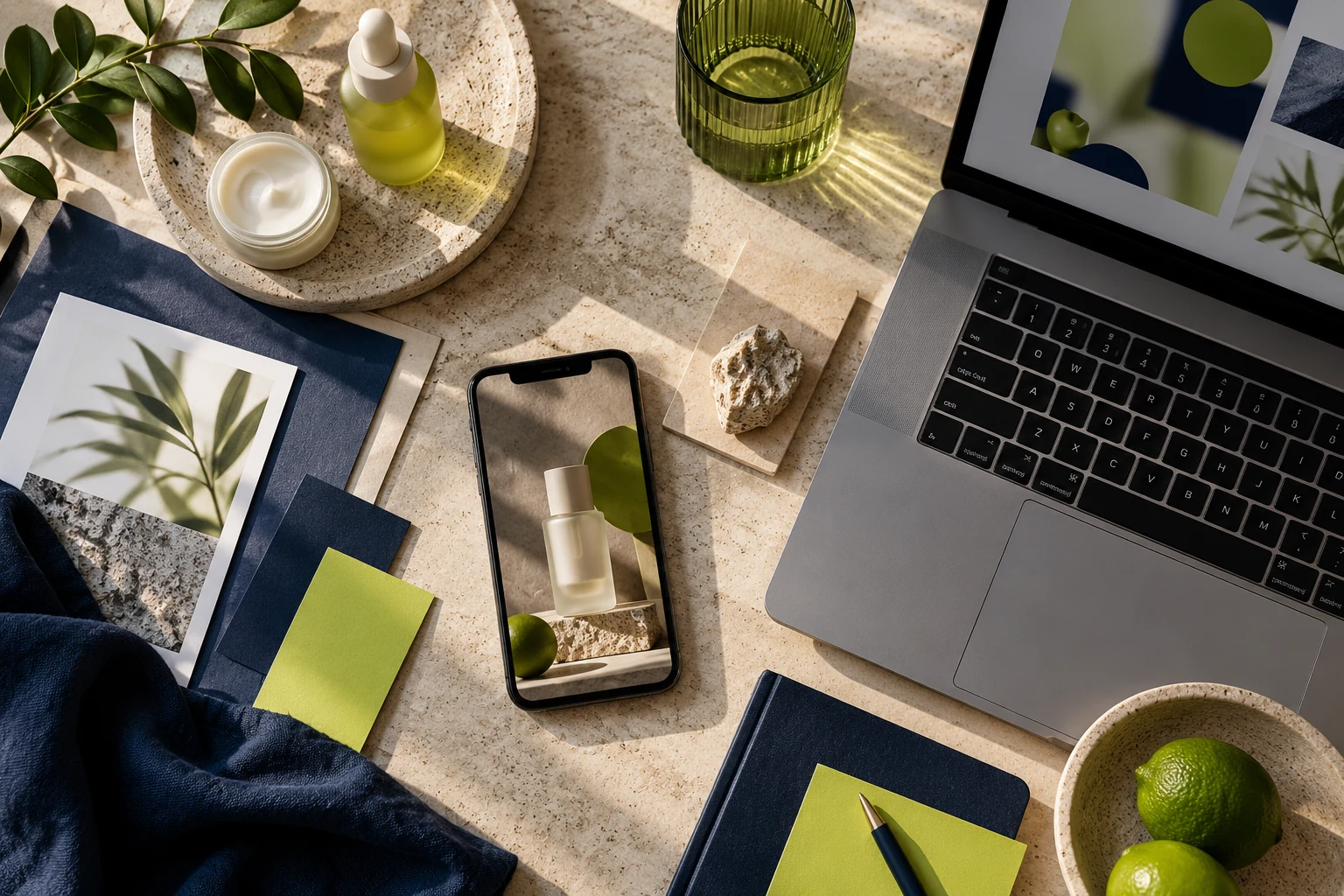 Content design workspace with a smartphone, products and color palettes